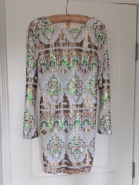 Xtaren White Sequin Long-Sleeve Backless Dress with Gold, Pink and Green Accents